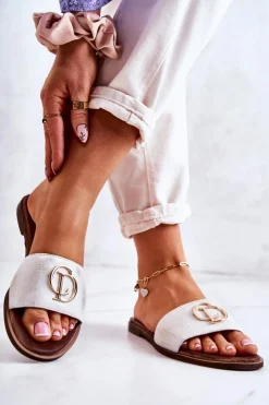 Boto Klapki Damskie Klasyczne*Skórzane Damskie Klapki Nicole 2735 Biało-Złote