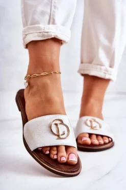 Boto Klapki Damskie Klasyczne*Skórzane Damskie Klapki Nicole 2735 Biało-Złote