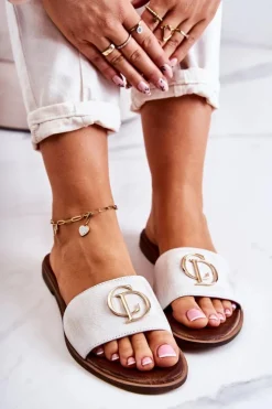 Boto Klapki Damskie Klasyczne*Skórzane Damskie Klapki Nicole 2735 Biało-Złote