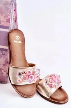 Boto Klapki Damskie Klasyczne*Skórzane Damskie Klapki Z Ozdobą Nicole 2726 Złote