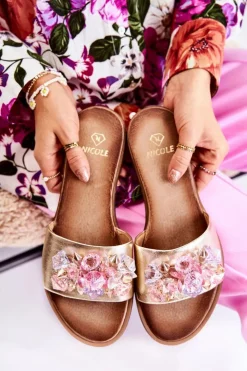 Boto Klapki Damskie Klasyczne*Skórzane Damskie Klapki Z Ozdobą Nicole 2726 Złote