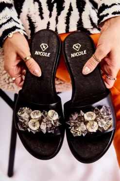 Damskie Boto Skórzane Damskie Klapki Z Ozdobą Nicole 2726 Czarne