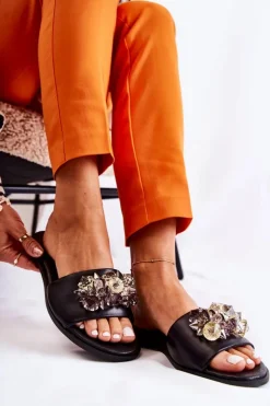 Damskie Boto Skórzane Damskie Klapki Z Ozdobą Nicole 2726 Czarne