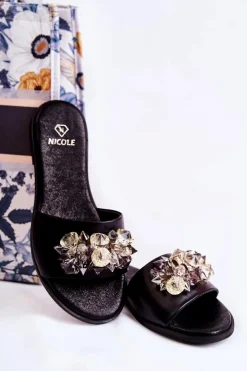 Damskie Boto Skórzane Damskie Klapki Z Ozdobą Nicole 2726 Czarne