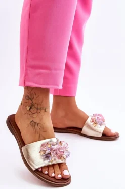 Boto Klapki Damskie Klasyczne*Skórzane Damskie Klapki Z Ozdobą Nicole 2726/064 Złote