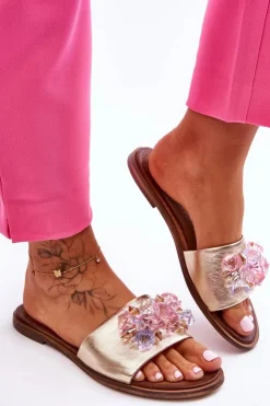 Boto Klapki Damskie Klasyczne*Skórzane Damskie Klapki Z Ozdobą Nicole 2726/064 Złote