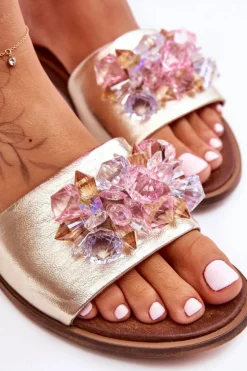 Boto Klapki Damskie Klasyczne*Skórzane Damskie Klapki Z Ozdobą Nicole 2726/064 Złote