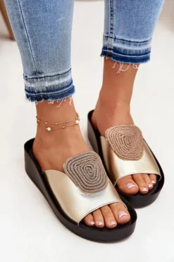 Discount Damskie buty S.Barski Skórzane Damskie Klapki Z Ozdobą KV51-028 Złote Złoty