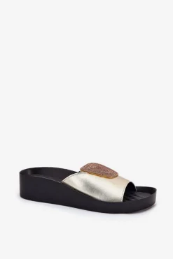 Discount Damskie buty S.Barski Skórzane Damskie Klapki Z Ozdobą KV51-028 Złote Złoty