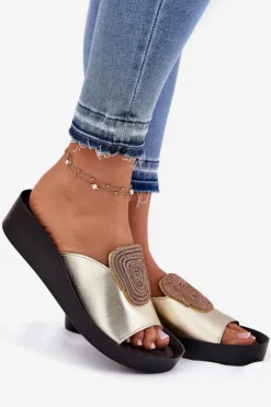 Discount Damskie buty S.Barski Skórzane Damskie Klapki Z Ozdobą KV51-028 Złote Złoty