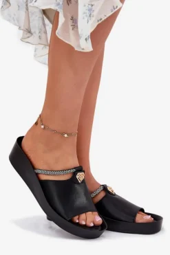 Damskie Damskie buty S.Barski Skórzane Damskie Klapki Z Ozdobnym Paskiem KV51-034 Czarne