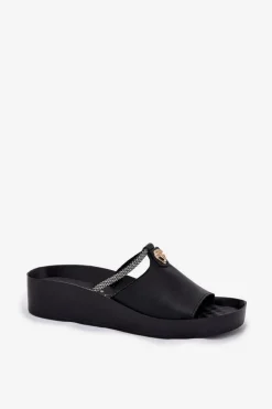 Damskie Damskie buty S.Barski Skórzane Damskie Klapki Z Ozdobnym Paskiem KV51-034 Czarne