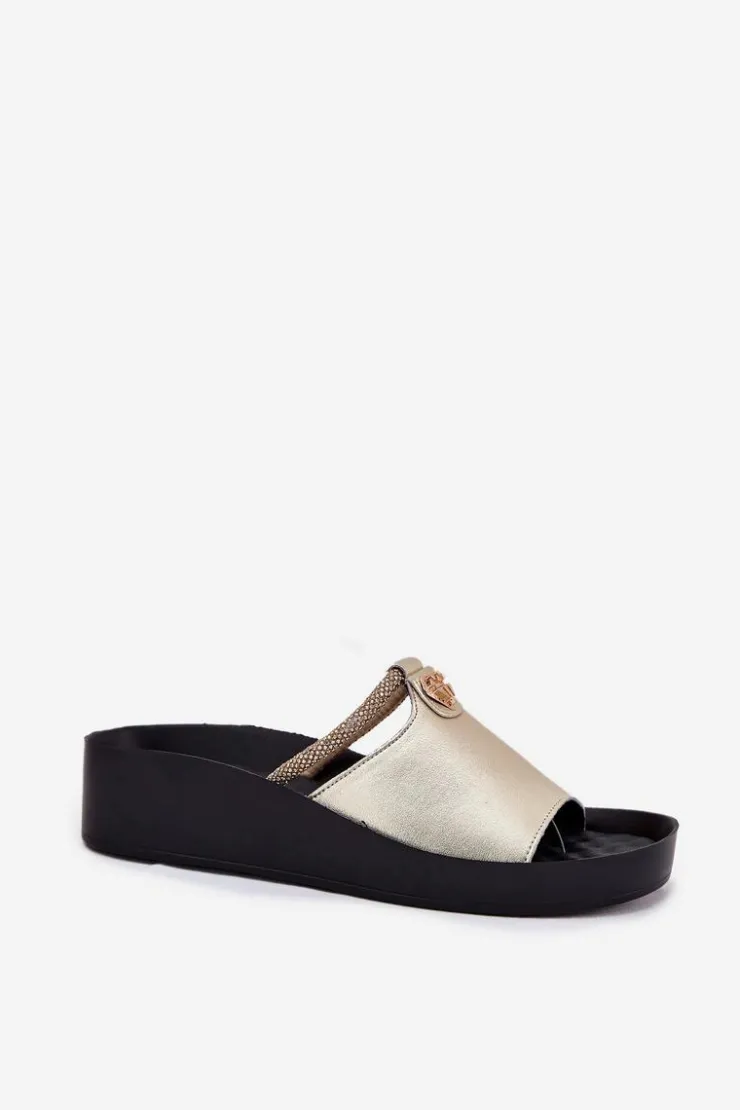 Best Damskie buty S.Barski Skórzane Damskie Klapki Z Ozdobnym Paskiem KV51-034 Złote Złoty