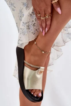 Best Damskie buty S.Barski Skórzane Damskie Klapki Z Ozdobnym Paskiem KV51-034 Złote Złoty