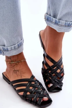 Damskie Boto Skórzane Damskie Klapki Z Paskami Czarne Doralia