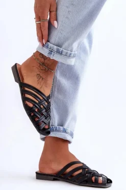 Damskie Boto Skórzane Damskie Klapki Z Paskami Czarne Doralia