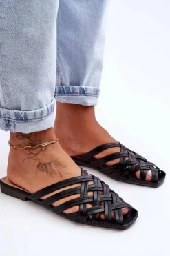 Damskie Boto Skórzane Damskie Klapki Z Paskami Czarne Doralia