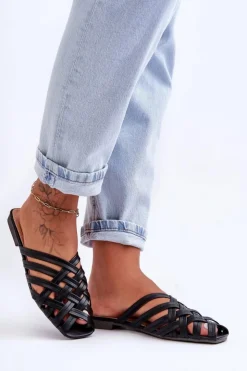 Damskie Boto Skórzane Damskie Klapki Z Paskami Czarne Doralia