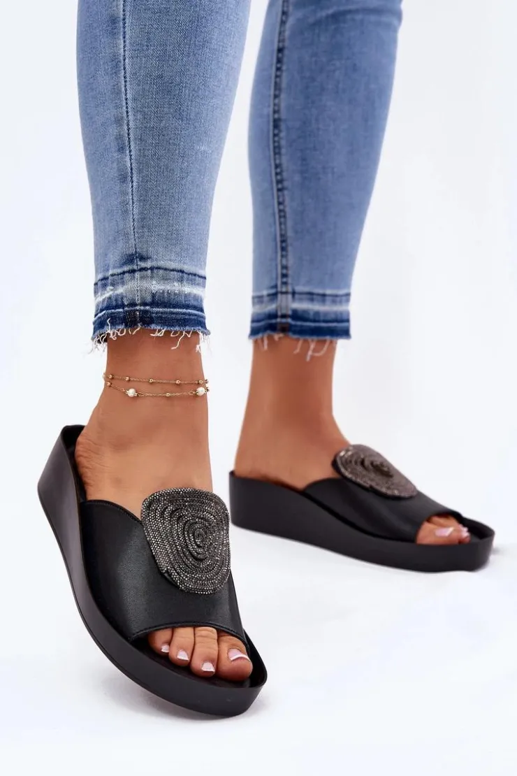 Damskie buty S.Barski Klapki Na Koturnie|Klapki Na Platformie*Skórzane Damskie Klapki Z Ozdobą KV51-028 Czarne Czarny