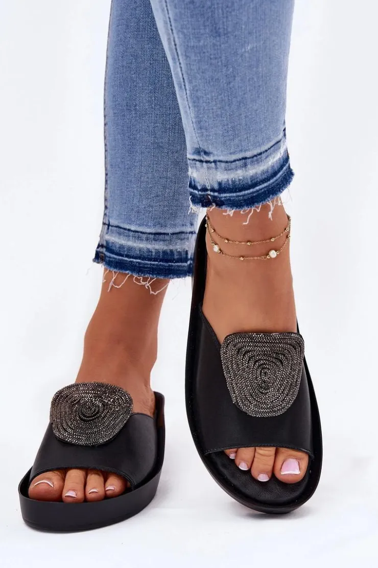 Damskie buty S.Barski Klapki Na Koturnie|Klapki Na Platformie*Skórzane Damskie Klapki Z Ozdobą KV51-028 Czarne Czarny