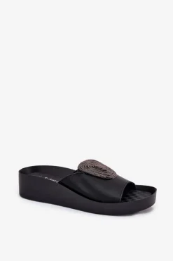 Damskie buty S.Barski Klapki Na Koturnie|Klapki Na Platformie*Skórzane Damskie Klapki Z Ozdobą KV51-028 Czarne Czarny