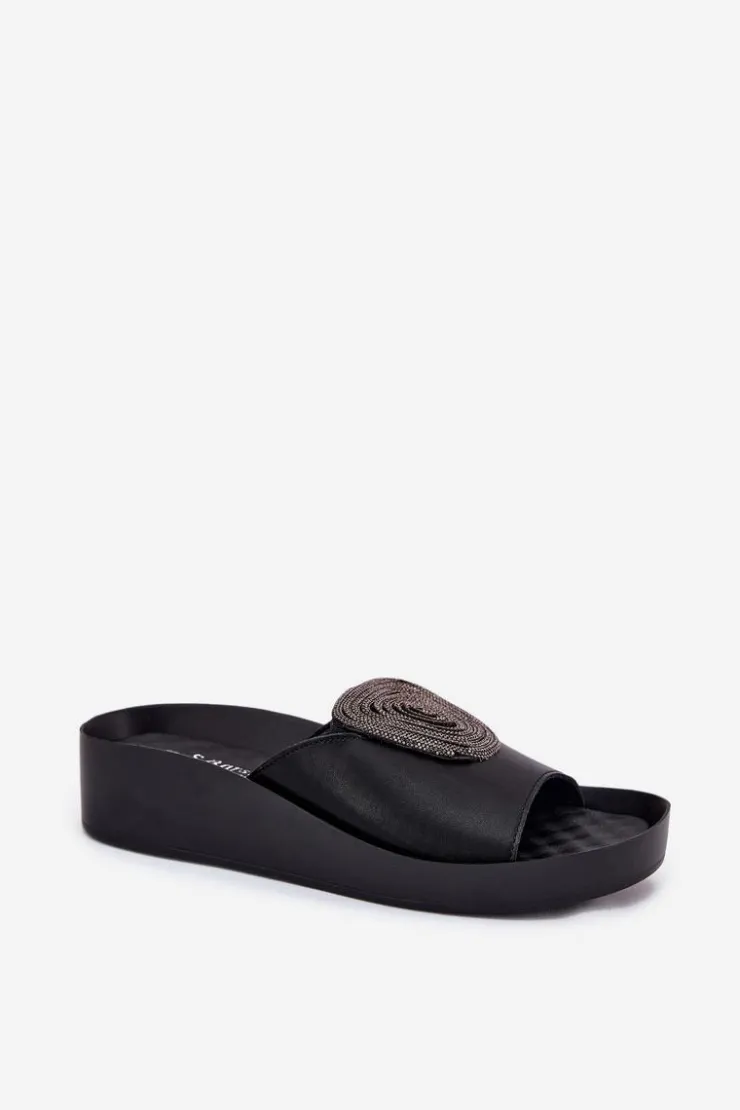 Damskie buty S.Barski Klapki Na Koturnie|Klapki Na Platformie*Skórzane Damskie Klapki Z Ozdobą KV51-028 Czarne Czarny