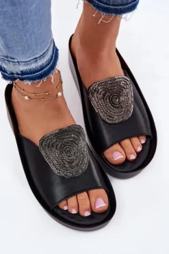 Damskie buty S.Barski Klapki Na Koturnie|Klapki Na Platformie*Skórzane Damskie Klapki Z Ozdobą KV51-028 Czarne Czarny