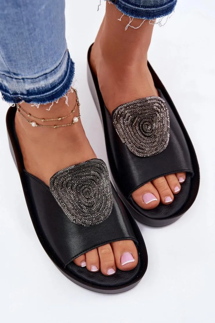 Damskie buty S.Barski Klapki Na Koturnie|Klapki Na Platformie*Skórzane Damskie Klapki Z Ozdobą KV51-028 Czarne Czarny