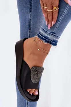 Damskie buty S.Barski Klapki Na Koturnie|Klapki Na Platformie*Skórzane Damskie Klapki Z Ozdobą KV51-028 Czarne Czarny