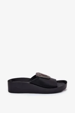 Damskie buty S.Barski Klapki Na Koturnie|Klapki Na Platformie*Skórzane Damskie Klapki Z Ozdobą KV51-028 Czarne Czarny