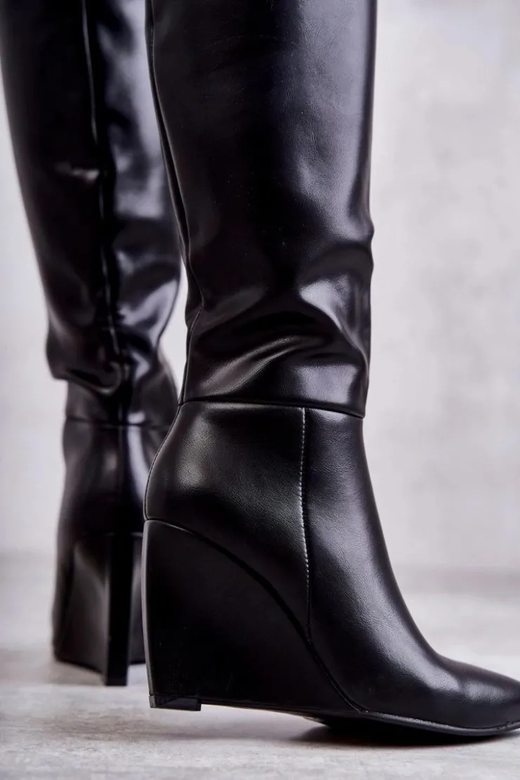 Damskie Boto Skórzane Damskie Kozaki Na Koturnie Czarne Arlene