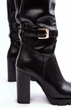 Damskie Boto Skórzane Damskie Kozaki Na Słupku Z Klamrą Czarne Bordda