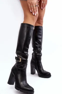 Damskie Boto Skórzane Damskie Kozaki Na Słupku Z Klamrą Czarne Bordda