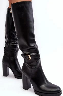 Damskie Boto Skórzane Damskie Kozaki Na Słupku Z Klamrą Czarne Bordda