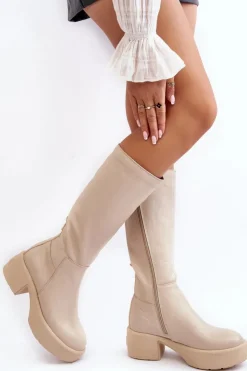 Damskie Boto Skórzane Damskie Kozaki Przed Kolano Lemar Jasnobeżowe Malayah