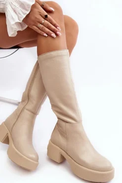 Damskie Boto Skórzane Damskie Kozaki Przed Kolano Lemar Jasnobeżowe Malayah