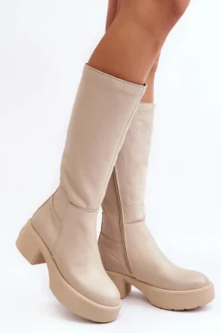 Damskie Boto Skórzane Damskie Kozaki Przed Kolano Lemar Jasnobeżowe Malayah