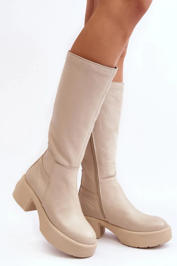 Damskie Boto Skórzane Damskie Kozaki Przed Kolano Lemar Jasnobeżowe Malayah