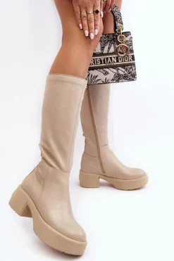 Damskie Boto Skórzane Damskie Kozaki Przed Kolano Lemar Jasnobeżowe Malayah