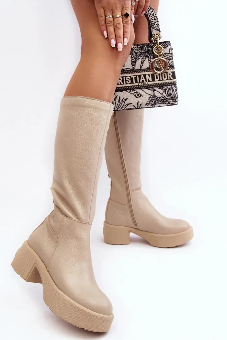 Damskie Boto Skórzane Damskie Kozaki Przed Kolano Lemar Jasnobeżowe Malayah