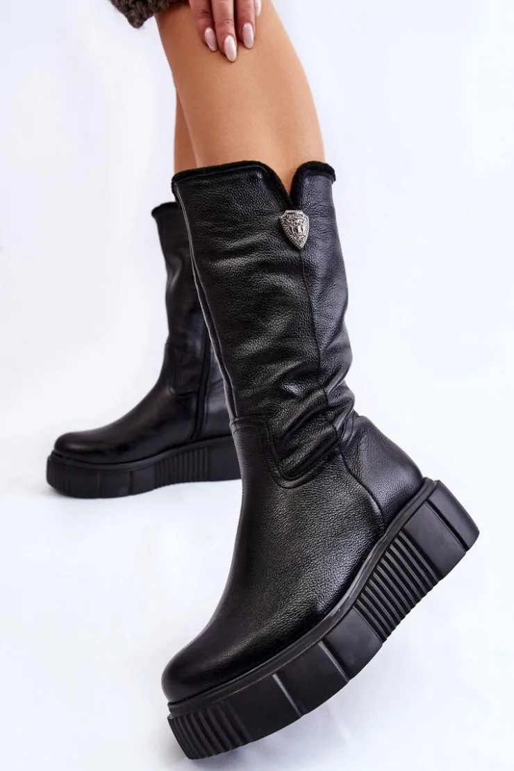 Damskie Zazoo Skórzane Damskie Kozaki Z Wełną 70121 Czarne