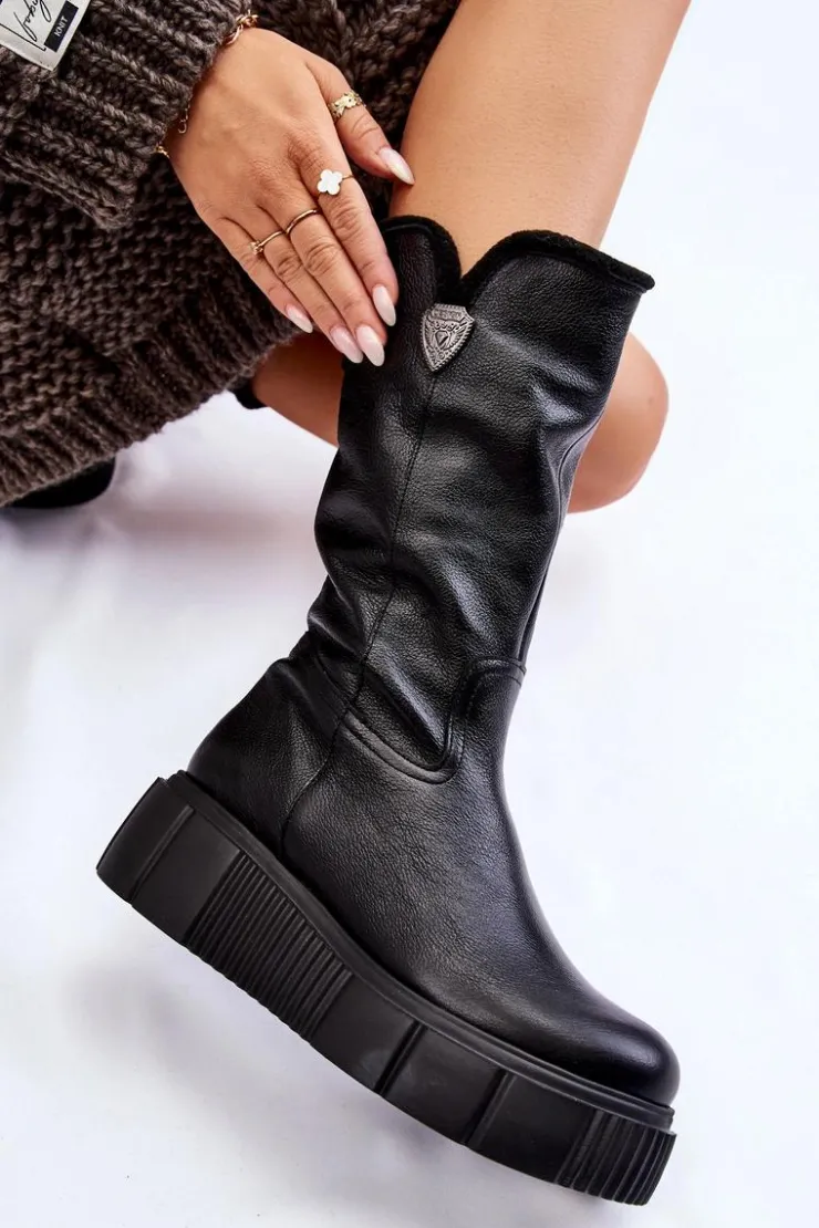 Damskie Zazoo Skórzane Damskie Kozaki Z Wełną 70121 Czarne