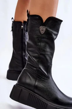 Damskie Zazoo Skórzane Damskie Kozaki Z Wełną 70121 Czarne