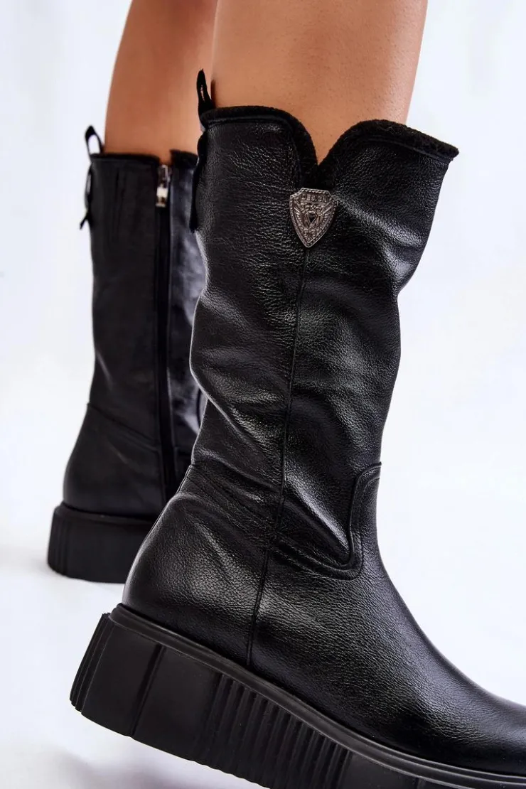 Damskie Zazoo Skórzane Damskie Kozaki Z Wełną 70121 Czarne