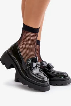 Damskie buty S.Barski Loafersy Damskie|Mokasyny Damskie Skórzane*Skórzane Damskie Mokasyny Z Kokardką I Sercem D&A LZ42-032 Czarne