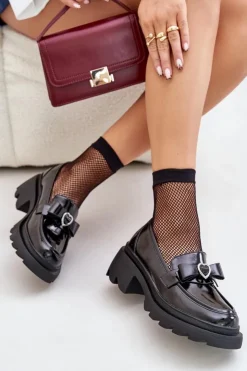 Damskie buty S.Barski Loafersy Damskie|Mokasyny Damskie Skórzane*Skórzane Damskie Mokasyny Z Kokardką I Sercem D&A LZ42-032 Czarne