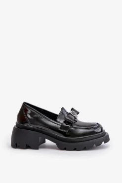 Damskie buty S.Barski Loafersy Damskie|Mokasyny Damskie Skórzane*Skórzane Damskie Mokasyny Z Kokardką I Sercem D&A LZ42-032 Czarne