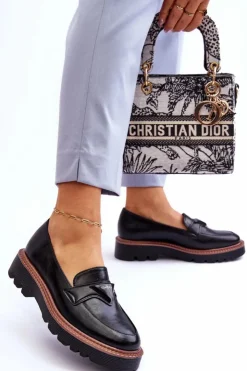 Buty damskie Vinceza Skórzane Damskie Mokasyny Na Platformie Z Ozdobą Czarne Jonett