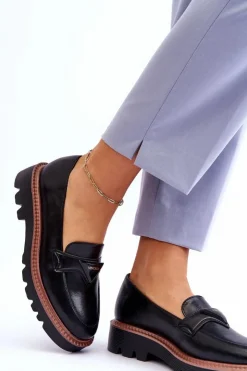 Buty damskie Vinceza Skórzane Damskie Mokasyny Na Platformie Z Ozdobą Czarne Jonett