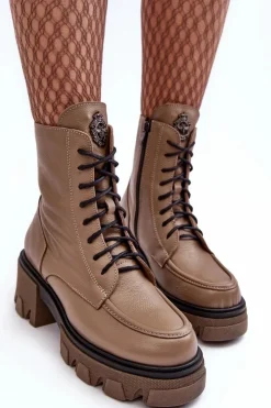 Best Boto Skórzane Damskie Ocieplane Botki Trapery Lemar Brązowe Rehin